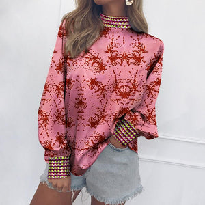 Fashion Vertical   Collar Long-Sleeved Print Matching Blouse