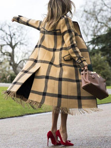 Chic Casual Color Block Plaid Lapel Shoulder Padded Long Coat