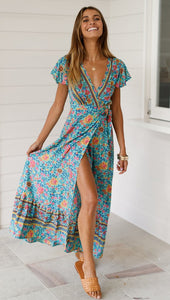 Big Pendulum V-Neck Beach Holiday Tie Printing Vacation Maxi Dress