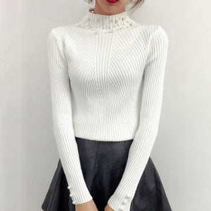 High Neck  Beading  Plain Knit Pullover