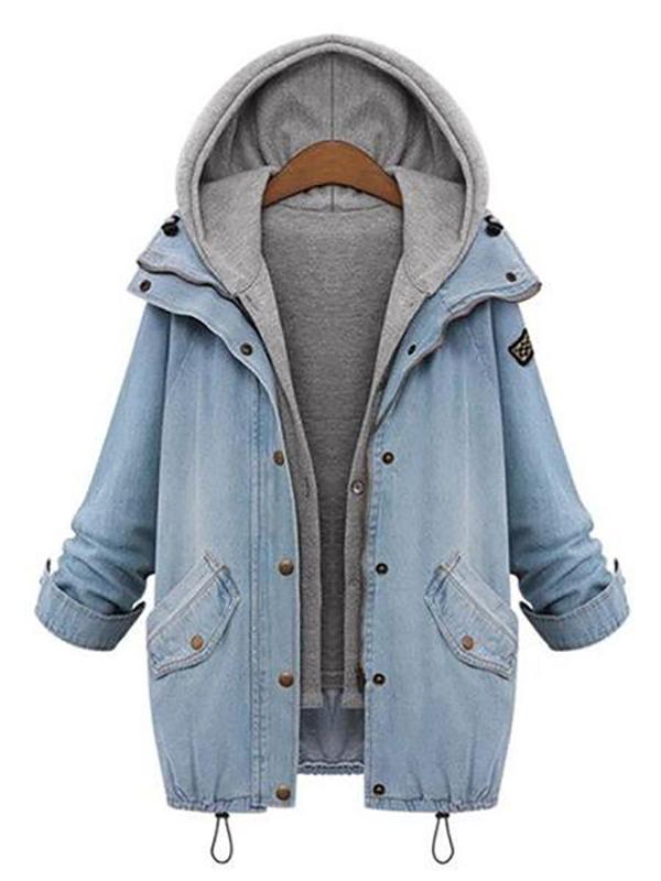 Hooded Drawstring Flap Pocket Denim Two-Piece Coats