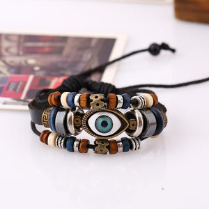 National style Vintage Eyes beaded cowhide   leather bracelet