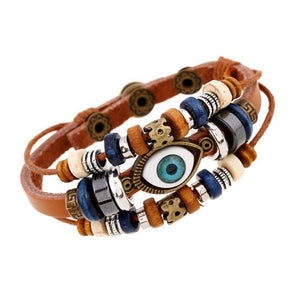 National style Vintage Eyes beaded cowhide   leather bracelet