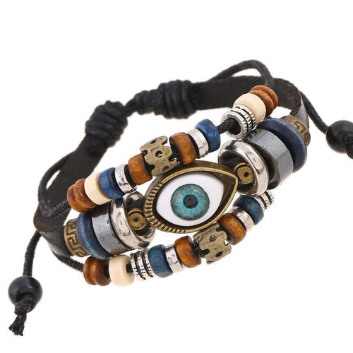 National style Vintage Eyes beaded cowhide   leather bracelet