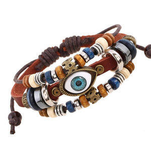 National style Vintage Eyes beaded cowhide   leather bracelet