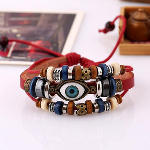 National style Vintage Eyes beaded cowhide   leather bracelet