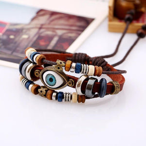 National style Vintage Eyes beaded cowhide   leather bracelet