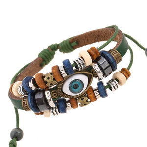 National style Vintage Eyes beaded cowhide   leather bracelet