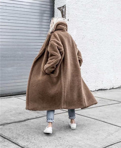 Winter Plain Lapel Collar Faux Fur Long Coat