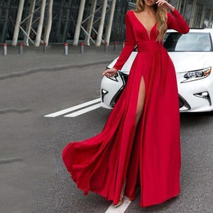 V-Neck Long Sleevethe Sides Split Maxi Dress