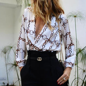 Fashion V Collar Long-Sleeved Print Shirt