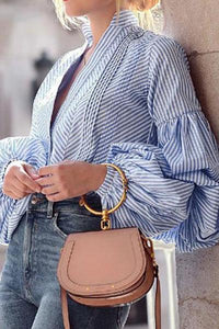 Fashion V-Neck Puff Sleeve Plaid Shirt