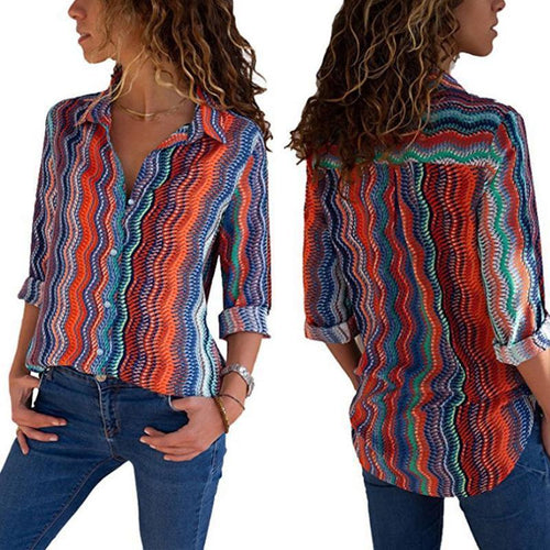 Turn Down Collar  Single Breasted  Striped  Blouses