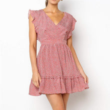 Load image into Gallery viewer, Short-Sleeved Ruffled V-Neck Dot Print Mini Dress