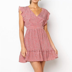 Short-Sleeved Ruffled V-Neck Dot Print Mini Dress