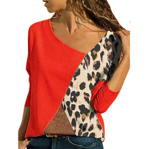 Autumn Spring  Polyester  Women  Round Neck  Color Block Leopard Long Sleeve T-Shirts