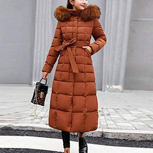 Hooded  Fur Collar  Belt  Plain Coat