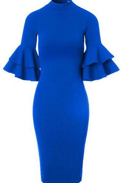 Vintage Bell Sleeve Solid Band Collar Bodycon Dress