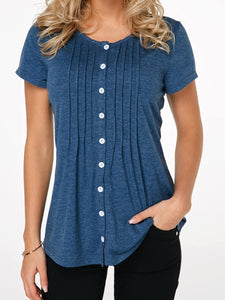 Fashion Button Round Neck Short-Sleeved T-Shirt