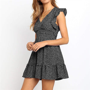 Short-Sleeved Ruffled V-Neck Dot Print Mini Dress