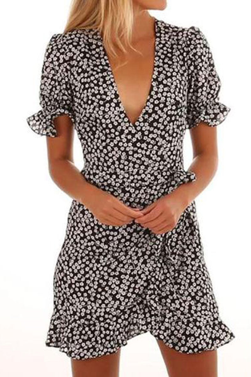 Deep V Neck Floral Printed Short Sleeve Bodycon Dresses