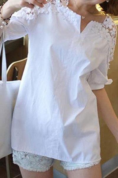 Cotton  V-Neck  Decorative Lace  Plain  Short Sleeve Blouse