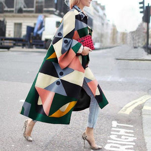 Fashion Geometry Printed Colorful Loose Woolen Long Coat