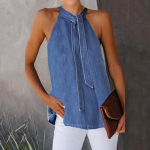 Casual Lace-Up Denim Vest Shirt