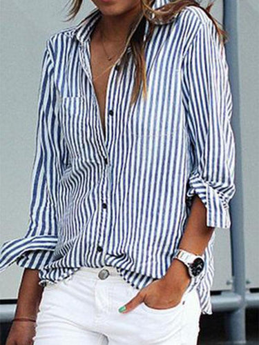 Turn Down Collar  Single Breasted  Striped Shirts