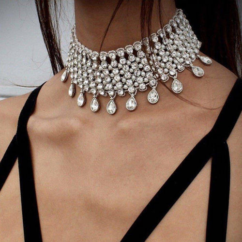 Wide Rhinestone Water-Drop Choker Necklace