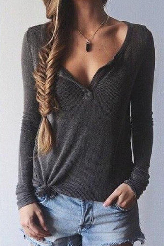 V Neck  Plain Long Sleeve T-Shirts