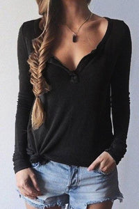 V Neck  Plain Long Sleeve T-Shirts