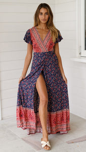 Big Pendulum V-Neck Beach Holiday Tie Printing Vacation Maxi Dress