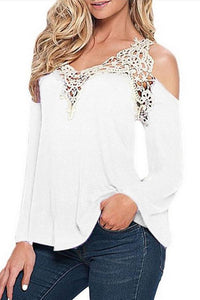 V Neck  Decorative Lace  Bell Sleeve T-Shirts