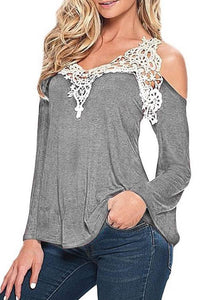 V Neck  Decorative Lace  Bell Sleeve T-Shirts