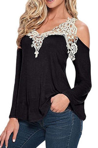 V Neck  Decorative Lace  Bell Sleeve T-Shirts