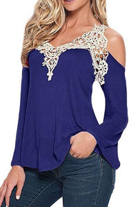 V Neck  Decorative Lace  Bell Sleeve T-Shirts