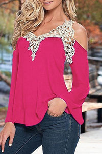 V Neck  Decorative Lace  Bell Sleeve T-Shirts