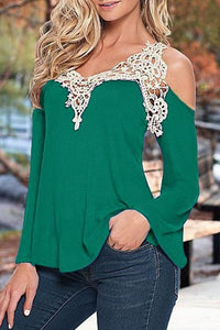 V Neck  Decorative Lace  Bell Sleeve T-Shirts