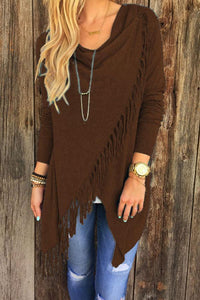 Asymmetric Hem Tassel Plain Cardigans