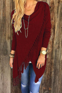 Asymmetric Hem Tassel Plain Cardigans