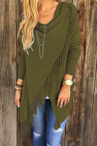 Asymmetric Hem Tassel Plain Cardigans