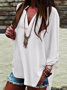 V Neck  Side Slit  Plain  Blouses