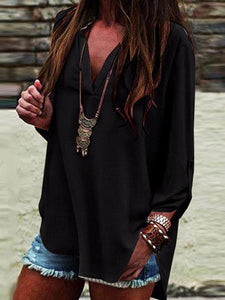 V Neck  Side Slit  Plain  Blouses