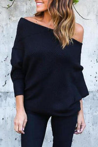 Open Shoulder Plain Batwing Sleeve Sweaters