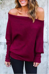 Open Shoulder Plain Batwing Sleeve Sweaters