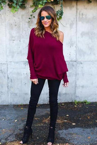 Open Shoulder Plain Batwing Sleeve Sweaters