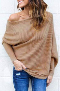 Open Shoulder Plain Batwing Sleeve Sweaters