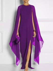 Long-Sleeved Cape Open Sleeve High Slit Plain Chiffon Maxi Dress