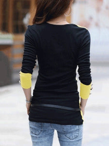 Color Block Decorative Button Long Sleeve T-Shirt